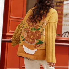 Muse Van Gogh Art Painting Floral Jacquard Knitwear Coat - Muselune