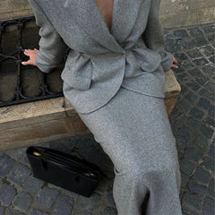 Elegant Ruffle Breasted Long Sleeve Coat & Skirt Suit - Muselune