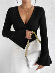 Knit Long-sleeved Tops, V-neck Sexy Slim Striped Women's Tops - Muselune