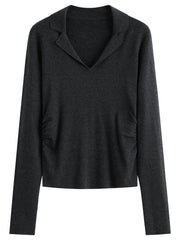 Wool Knit T-Shirt V-Neck Elegant Office Casual Minimalist Top - Muselune