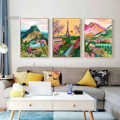 Colorful Mountain City Canvas – Abstract Travel-Inspired Wall Art - Muselune