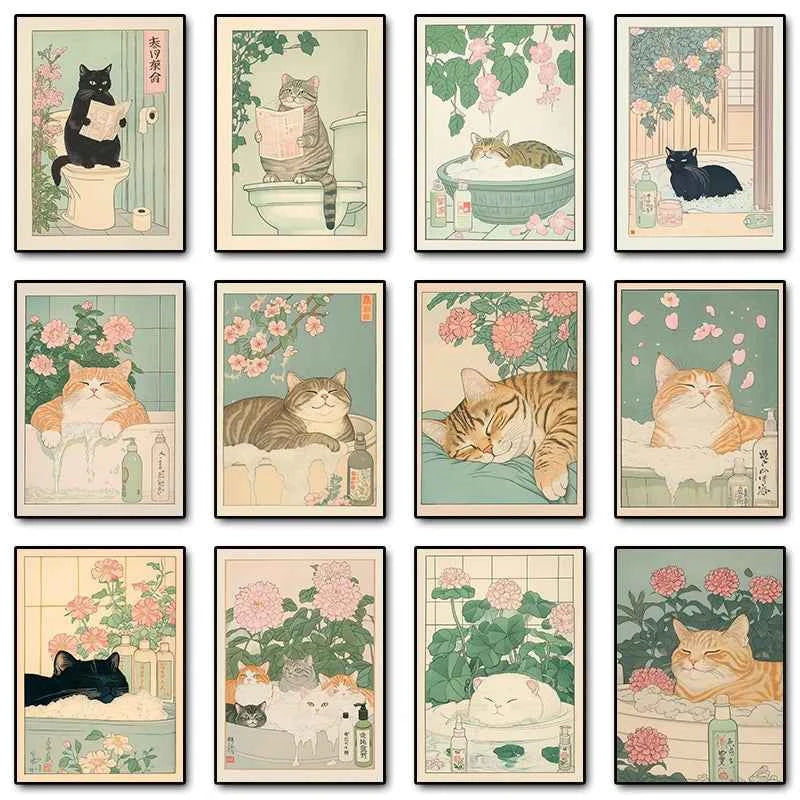 Japanese Tabby Cat Poster – Retro Art for Japandi Decor - Muselune