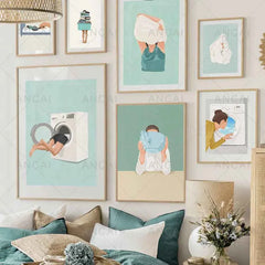 Laundry Girl Canvas – Nordic Washing Machine & Bathtub Wall Art - Muselune