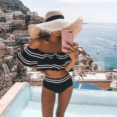 Black Striped Bikini Set – Sexy Off-Shoulder - Muselune