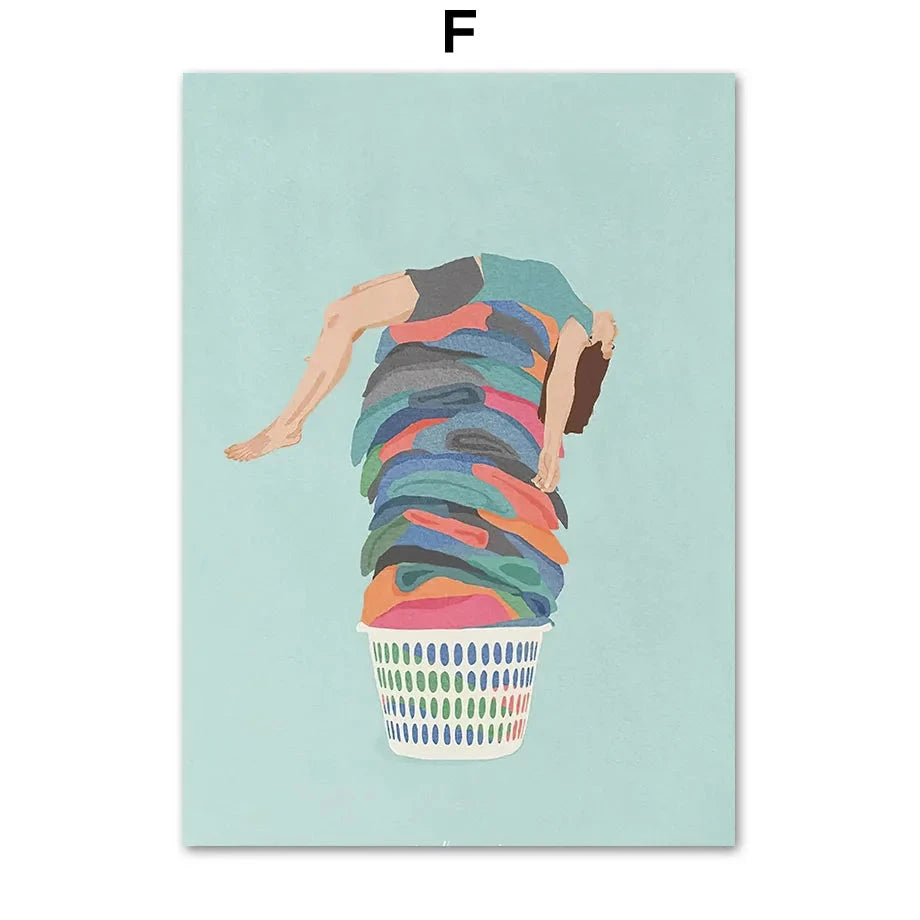Laundry Girl Canvas – Nordic Washing Machine & Bathtub Wall Art - Muselune