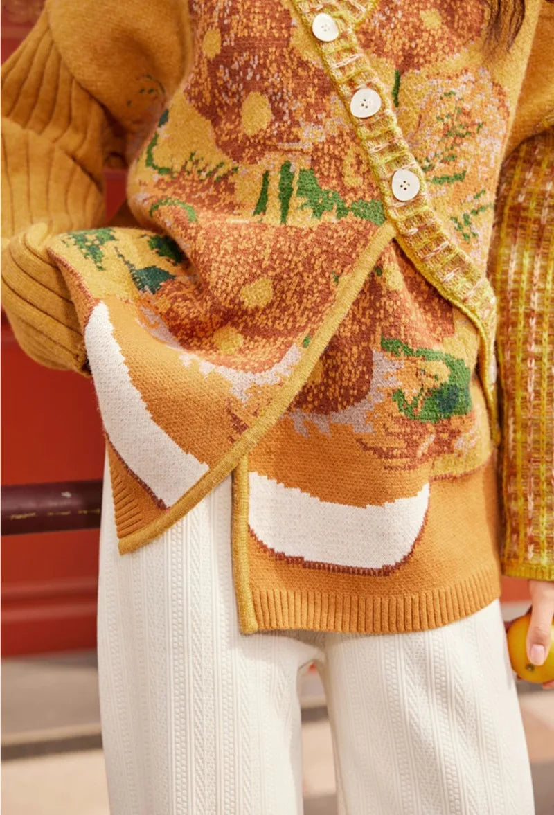 Muse Van Gogh Art Painting Floral Jacquard Knitwear Coat - Muselune