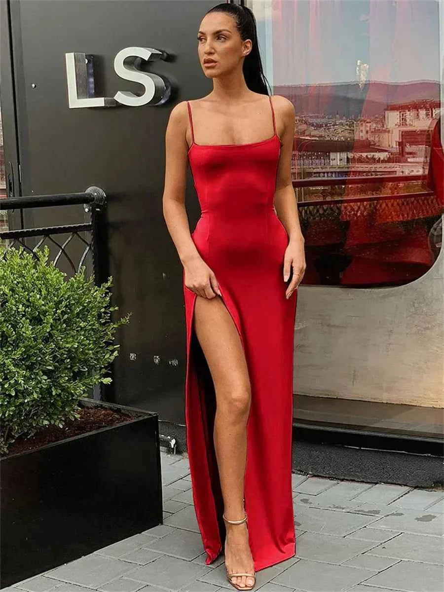 Sexy Bodycon paghetti Strap Sleeve Split Dress - Muselune
