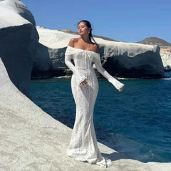 Suninheart Off-Shoulder Lace Maxi Dress – Elegant Flare Sleeve Bodycon - Muselune