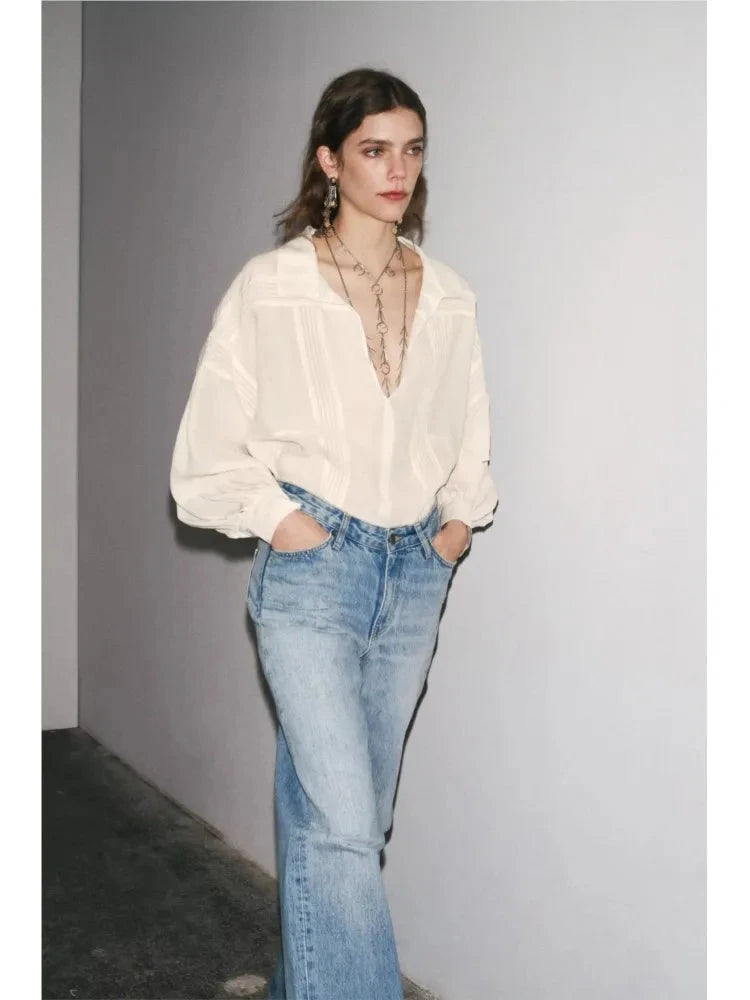 Romantic V-Neck Pleated Shirt
