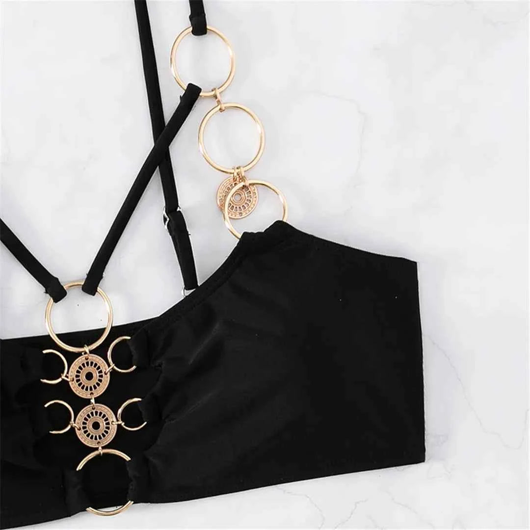 Sexy Metal Ring Bikini Set – Mid Waist Two-Piece Swimwear - Muselune