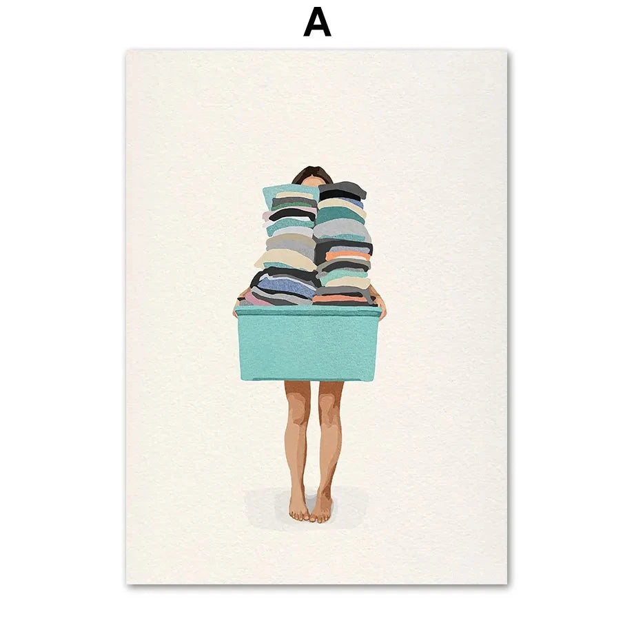 Laundry Girl Canvas – Nordic Washing Machine & Bathtub Wall Art - Muselune