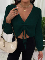 White Deep V-Neck Knit Crop Slim Top - Muselune