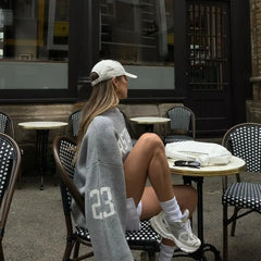 Trendy Loose Letter Gray Jacquard Knitted Sweater Muselune