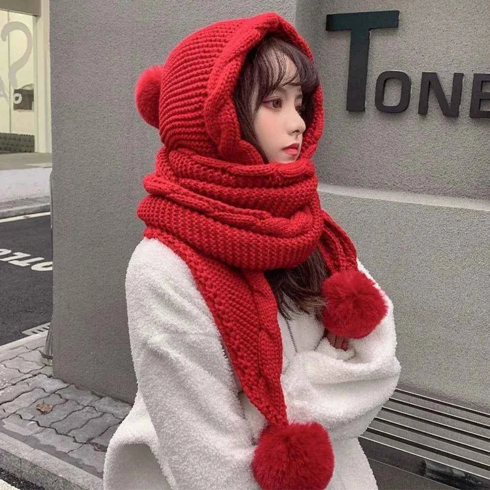 Cute Hooded Hat Ear Protection Thickened Knitted Hat /Scarf