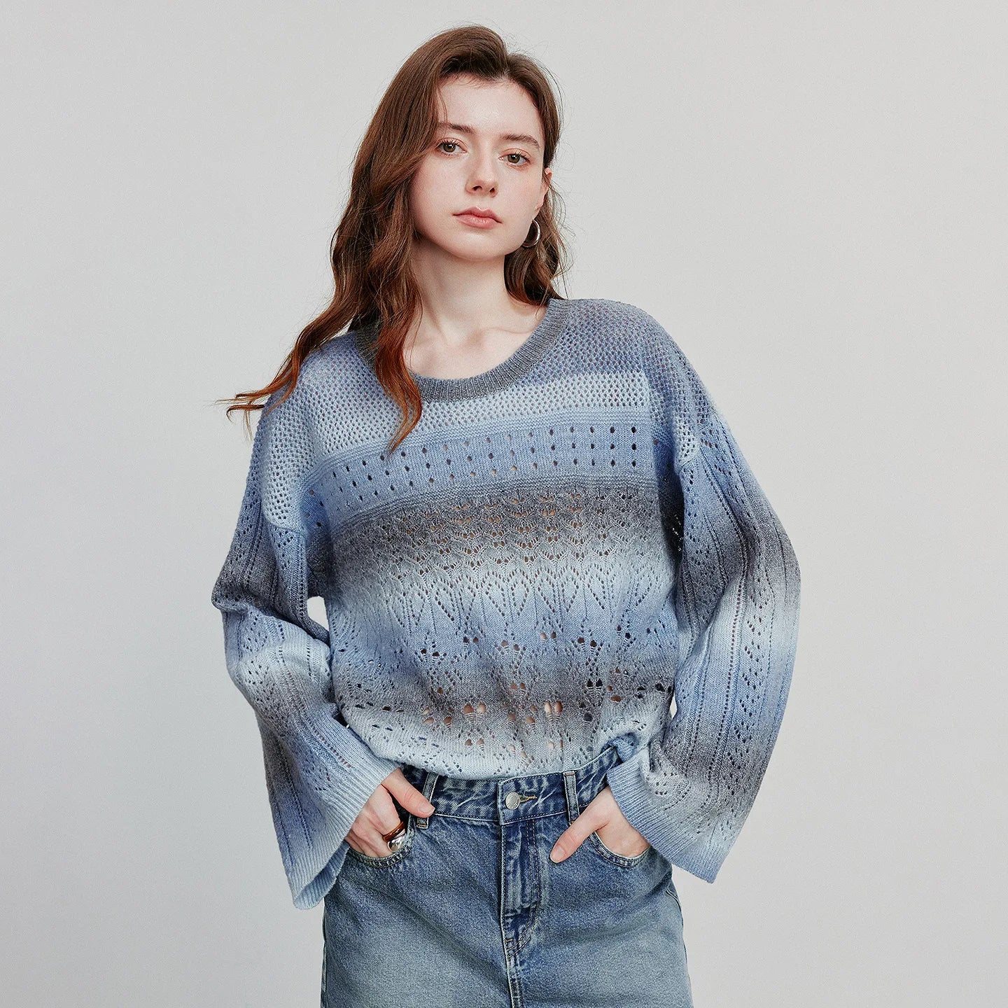 Round Neck Gradient Mohair Lightweight Woolen Knitted Tops Muselune
