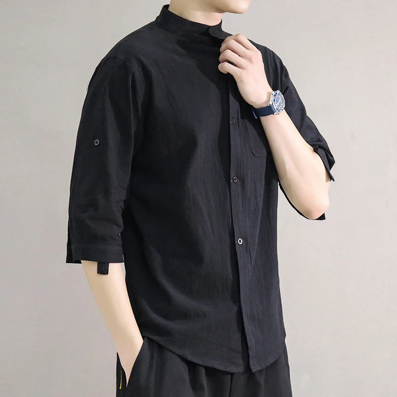 Stand Collar Mid-Sleeve Shirt - Spring & Summer - Muselune
