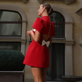 Red Turtleneck Hallow Out Bow Mini Dress Muselune