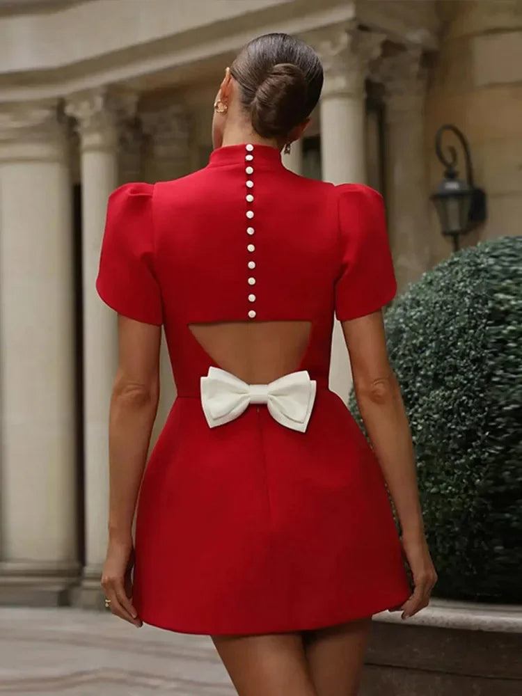 Red Turtleneck Hallow Out Bow Mini Dress Muselune