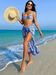 Peach-tan 3 piece set blue bikini push up swimwear - Muselune