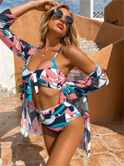 Floral Triangle Bikini Set – High Waist 3-Piece with Push-Up - Muselune