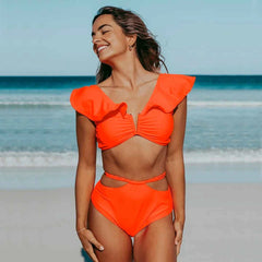 Ruffled Bikini Set – High Waist V-Neck Flounce Swimwear - Muselune