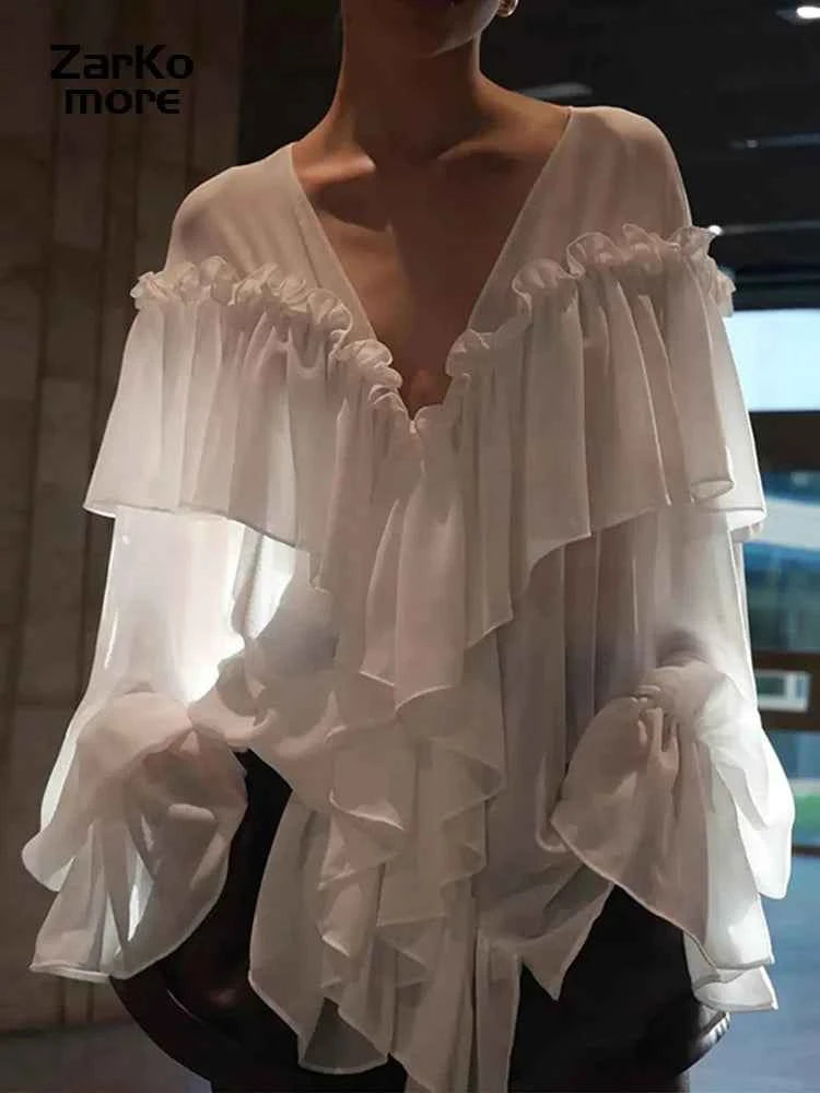 French White Chiffon V-Neck Ruffle Blouse