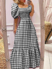 Vintage Plaid Sundress – Short Sleeve Boho Maxi - Muselune