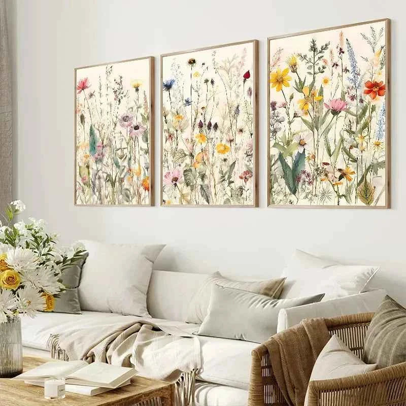 Modern Botanical Watercolor Canvas – Wild Flowers & Leaves Wall Art - Muselune