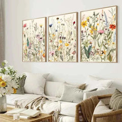 Modern Botanical Watercolor Canvas – Wild Flowers & Leaves Wall Art - Muselune