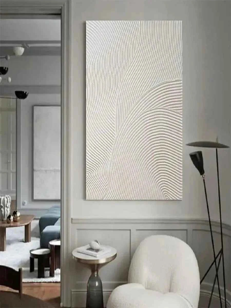 White Minimalist Ocean Wave Canvas – Textured Wabi-Sabi Wall Art - Muselune