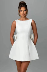 Elegant Pearl Bow Backless Mini short Dress - Muselune