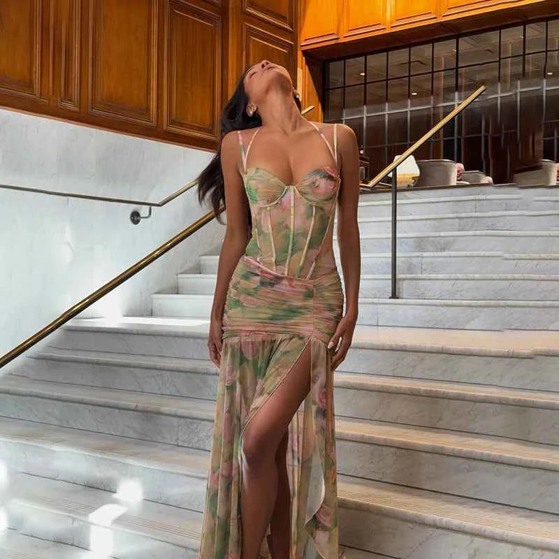 Candyhot Floral Bodycon Dress – High Waist Spaghetti Strap - Muselune