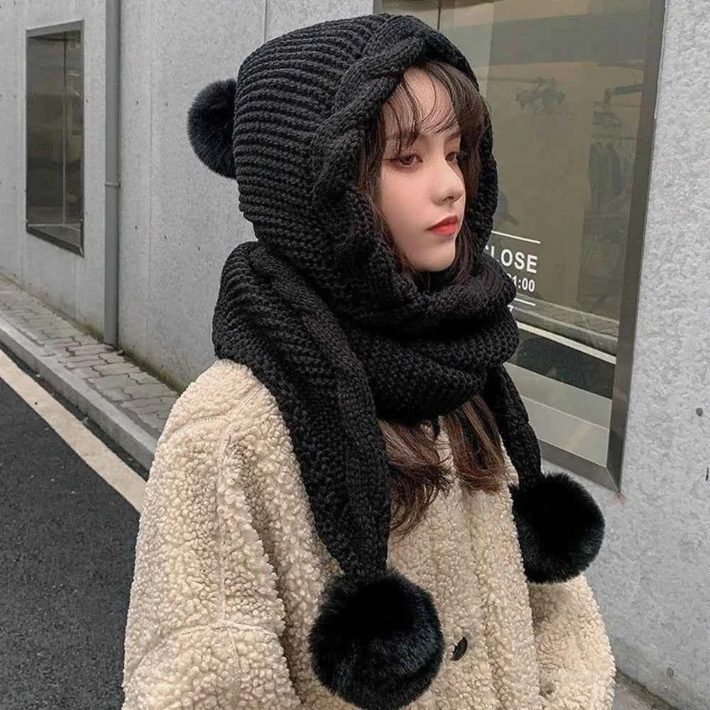 Cute Hooded Hat Ear Protection Thickened Knitted Hat /Scarf