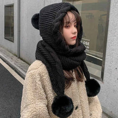 Cute Hooded Hat Ear Protection Thickened Knitted Hat /Scarf