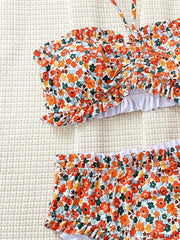 Ruffled Bandeau Red Floral Bikini - Muselune