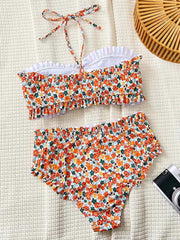 Ruffled Bandeau Red Floral Bikini - Muselune