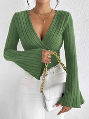 Knit Long-sleeved Tops, V-neck Sexy Slim Striped Women's Tops - Muselune