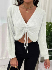 White Deep V-Neck Knit Crop Slim Top - Muselune