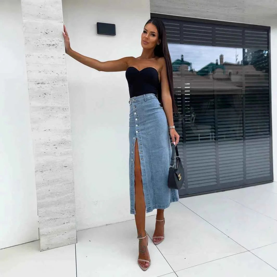 Vintage Split Denim Skirt – High-Waisted & Chic - Muselune