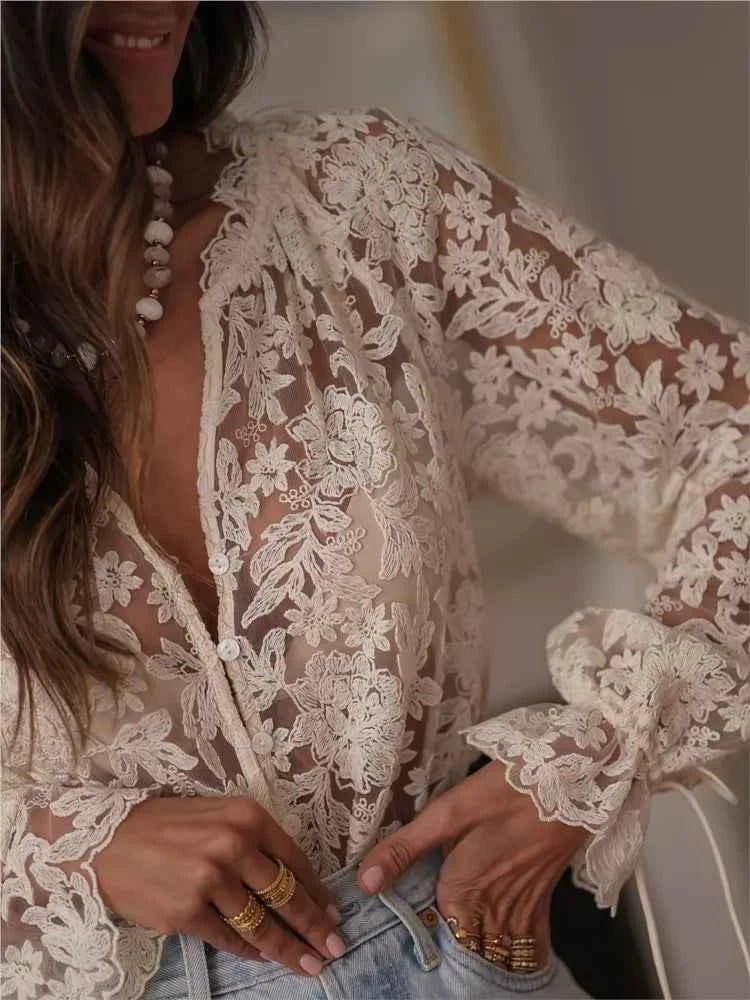 Lace Blouse – Sheer Hollow Long Sleeve Top & Coats - Muselune