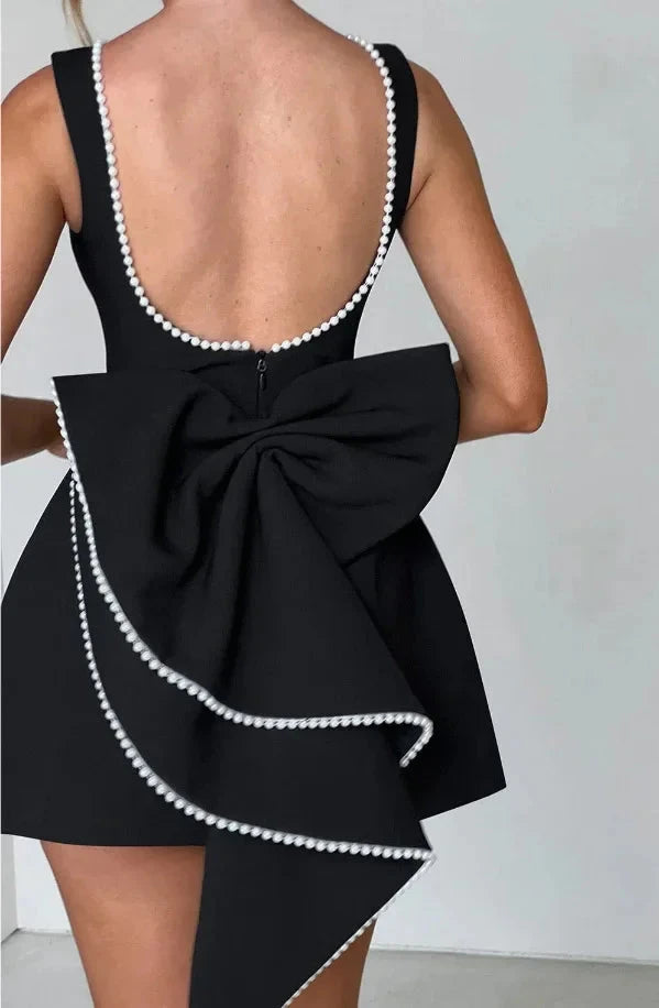 Elegant Pearl Bow Backless Mini short Dress - Muselune