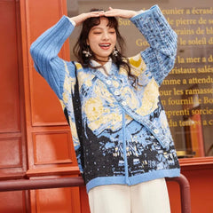 Muse Van Gogh Art Painting Floral Jacquard Knitwear Coat - Muselune
