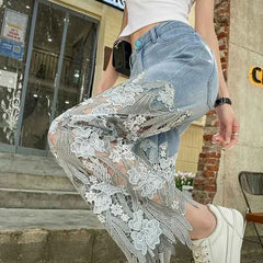 Lace Floral Hollow-Out Jeans – High Waist Slim Fit Streetwear - Muselune