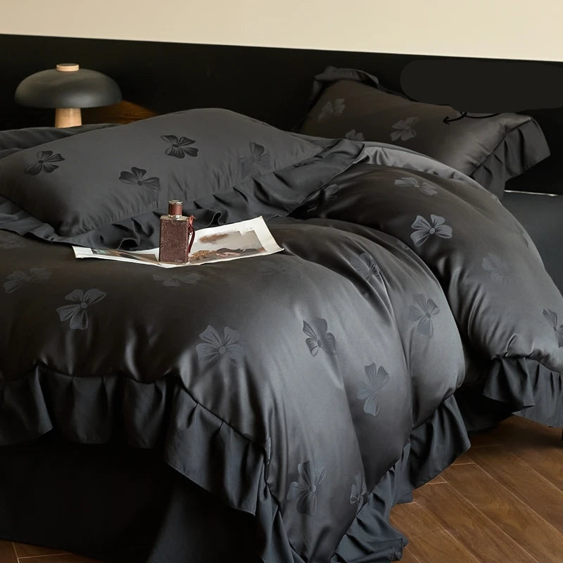 Black /White Butterfly knot jacquard Bedding Set - Muselune