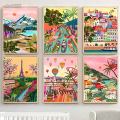 Colorful Mountain City Canvas – Abstract Travel-Inspired Wall Art - Muselune