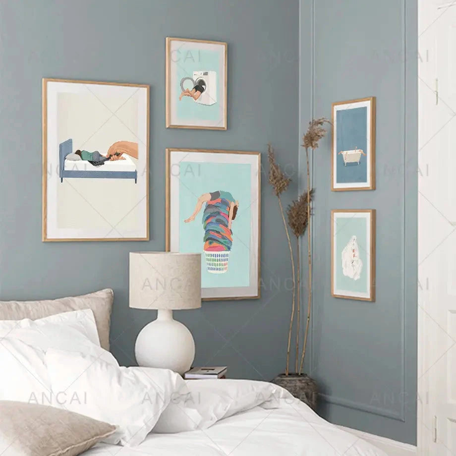 Laundry Girl Canvas – Nordic Washing Machine & Bathtub Wall Art - Muselune