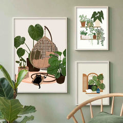 Black Cat & Green Plants Canvas – Abstract Boho Aesthetic Wall Art - Muselune
