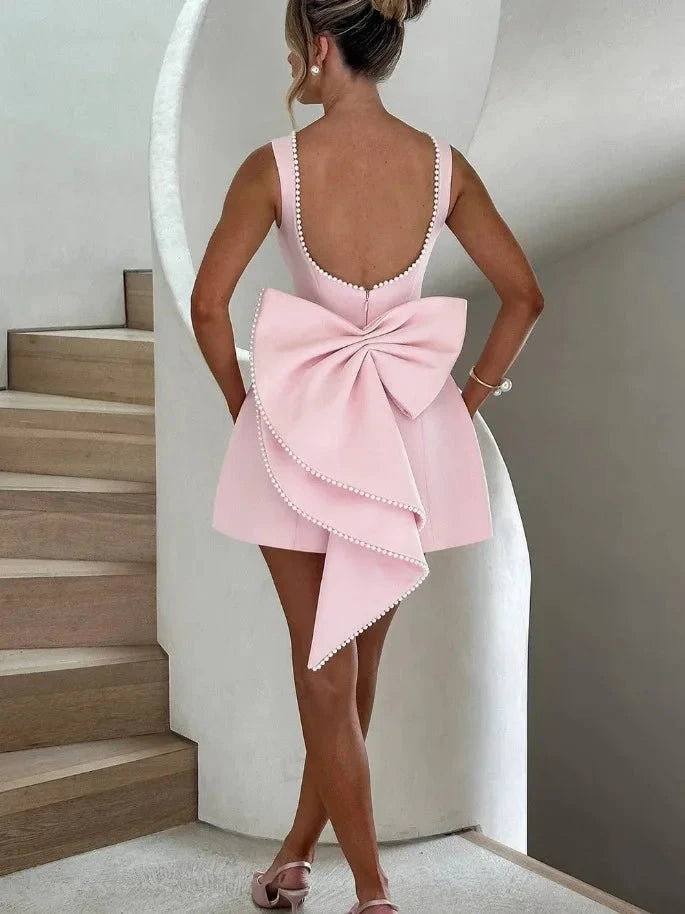 Elegant Pearl Bow Backless Mini short Dress - Muselune