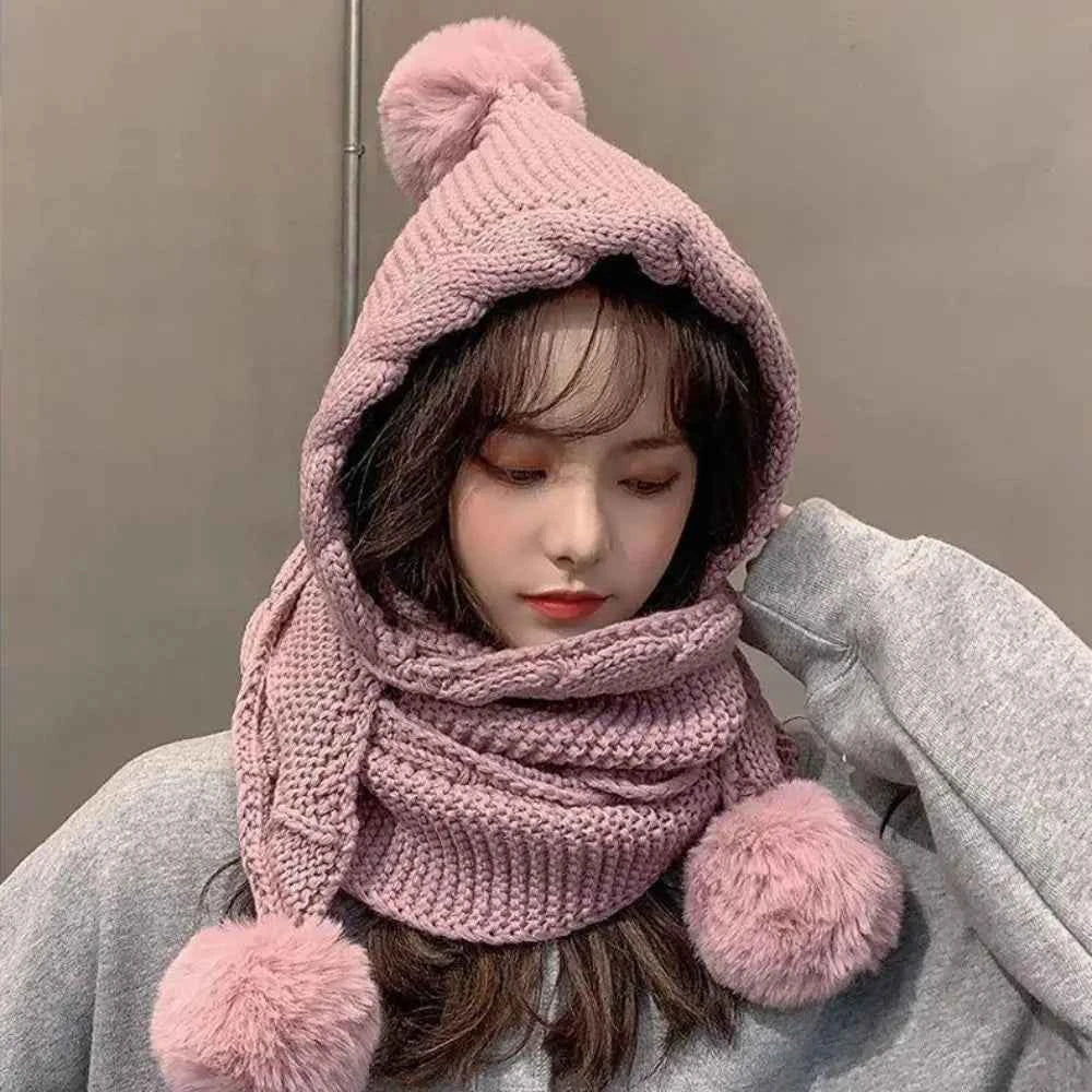 Cute Hooded Hat Ear Protection Thickened Knitted Hat /Scarf