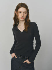 Wool Knit T-Shirt V-Neck Elegant Office Casual Minimalist Top - Muselune